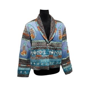 VTG California Style Blazer Jacket Womens Medium Blue Beaded Tapestry Boho EUC